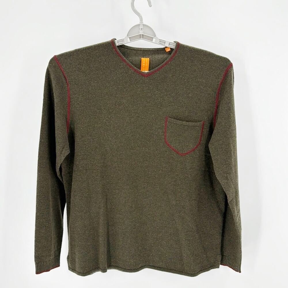 Robert Comstock Vertical green cashmere wool blend lightweight pullover sweater